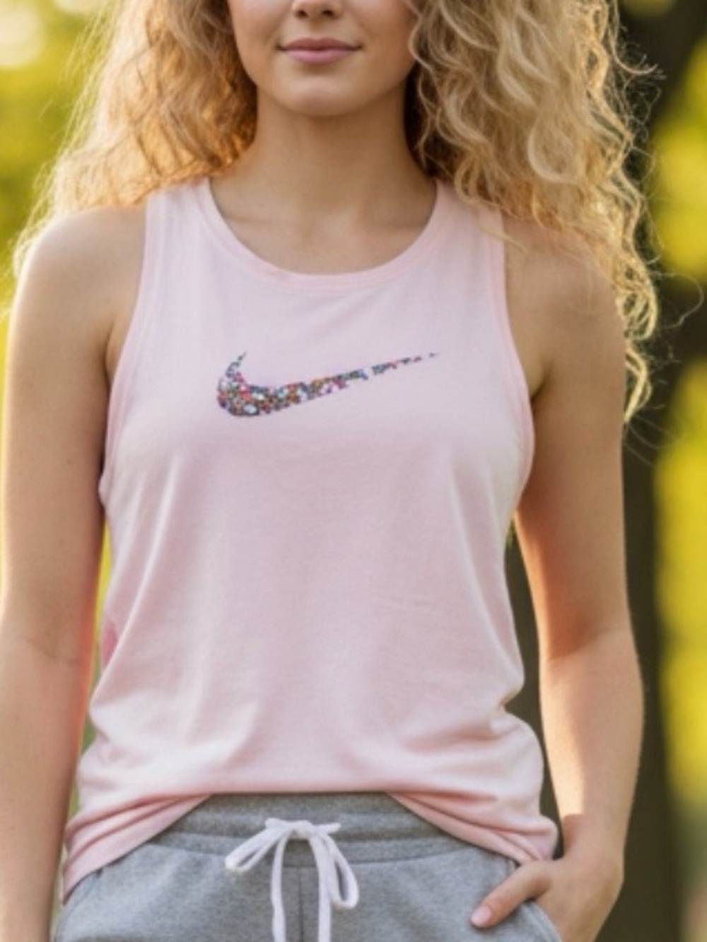 THE NIKE TEE - Nike dry fit Women's Light Pink Tank Top with Floral Swoosh